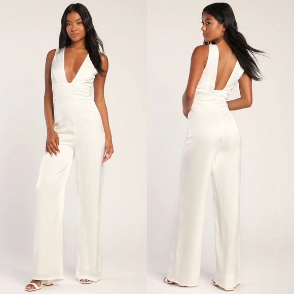 Lulus Ultimate Allure Ivory Satin Wide-Leg Jumpsuit - Picture 1 of 9